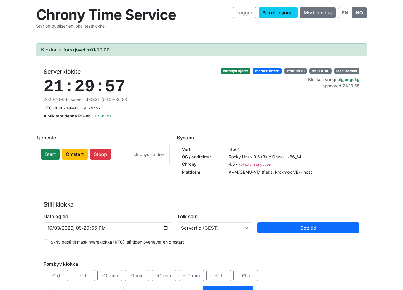 Hovedsiden i Chrony-Time-Service(at)Work med serverklokke, merker for chronyd, modus og stratum, tjeneste, system og panelet Still klokka