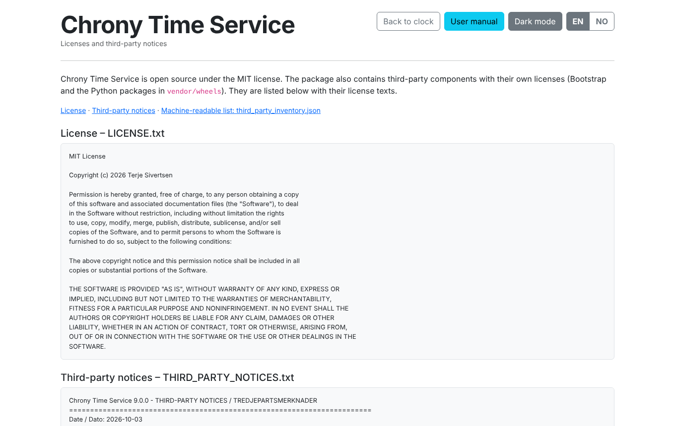Screenshot. Licenses and third-party notices