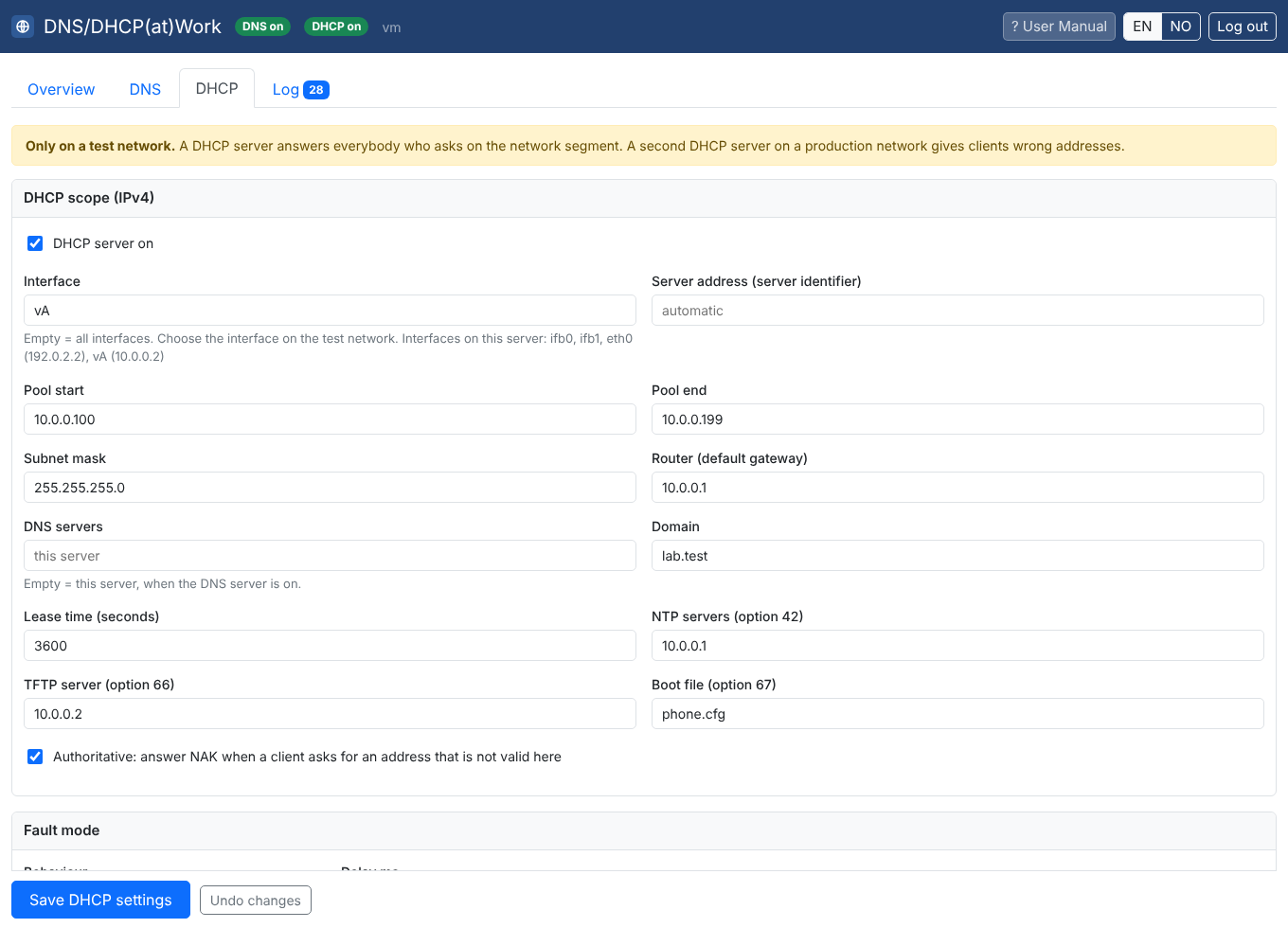 Screenshot. DHCP scope