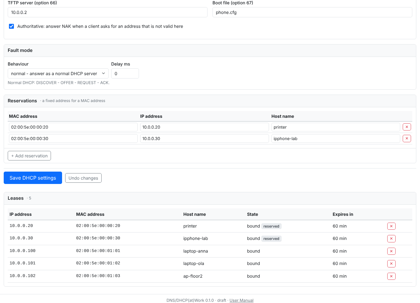 The DHCP tab with fault mode, two reservations and five leases