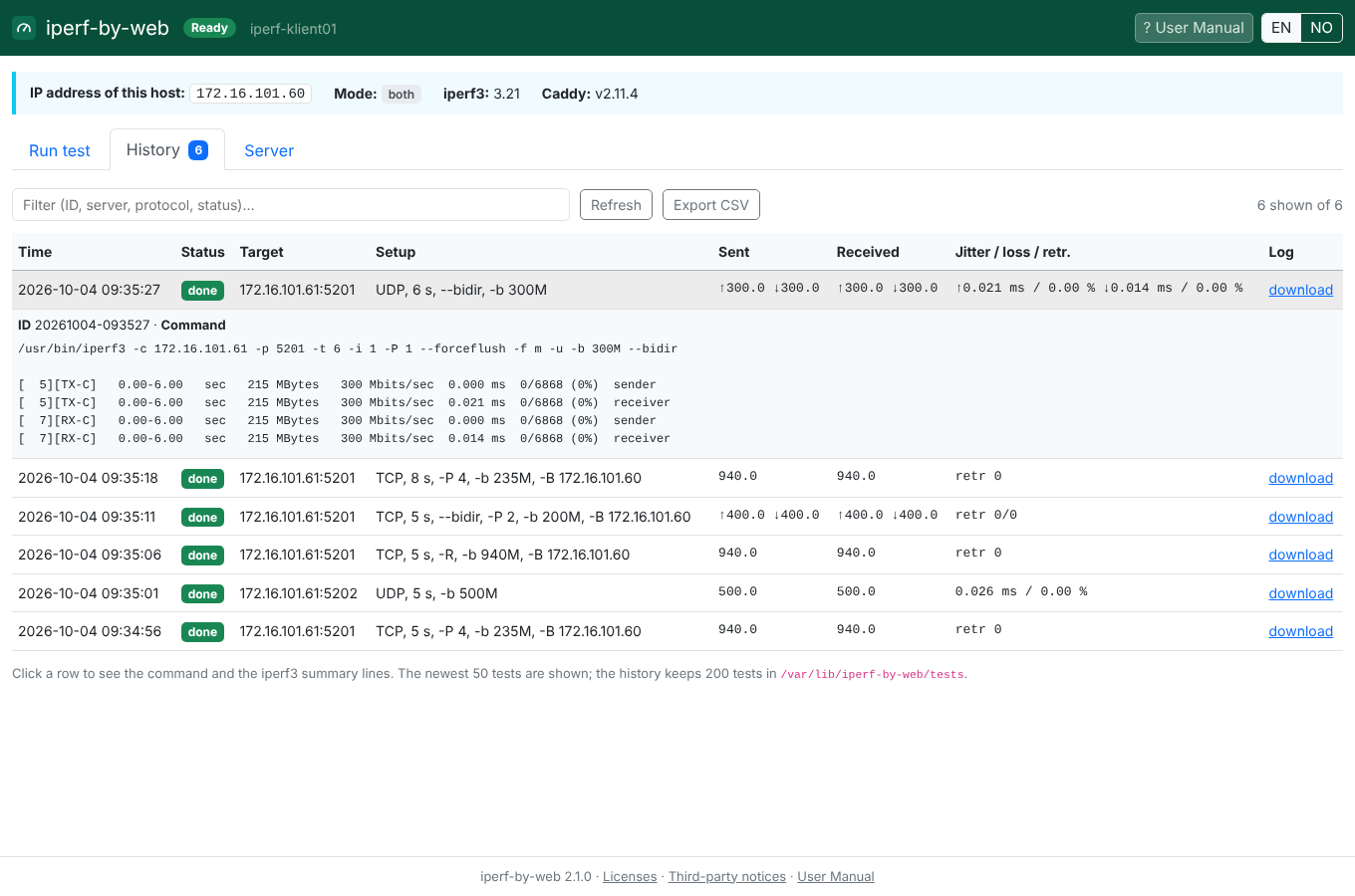 Screenshot. Client: the history with one test opened