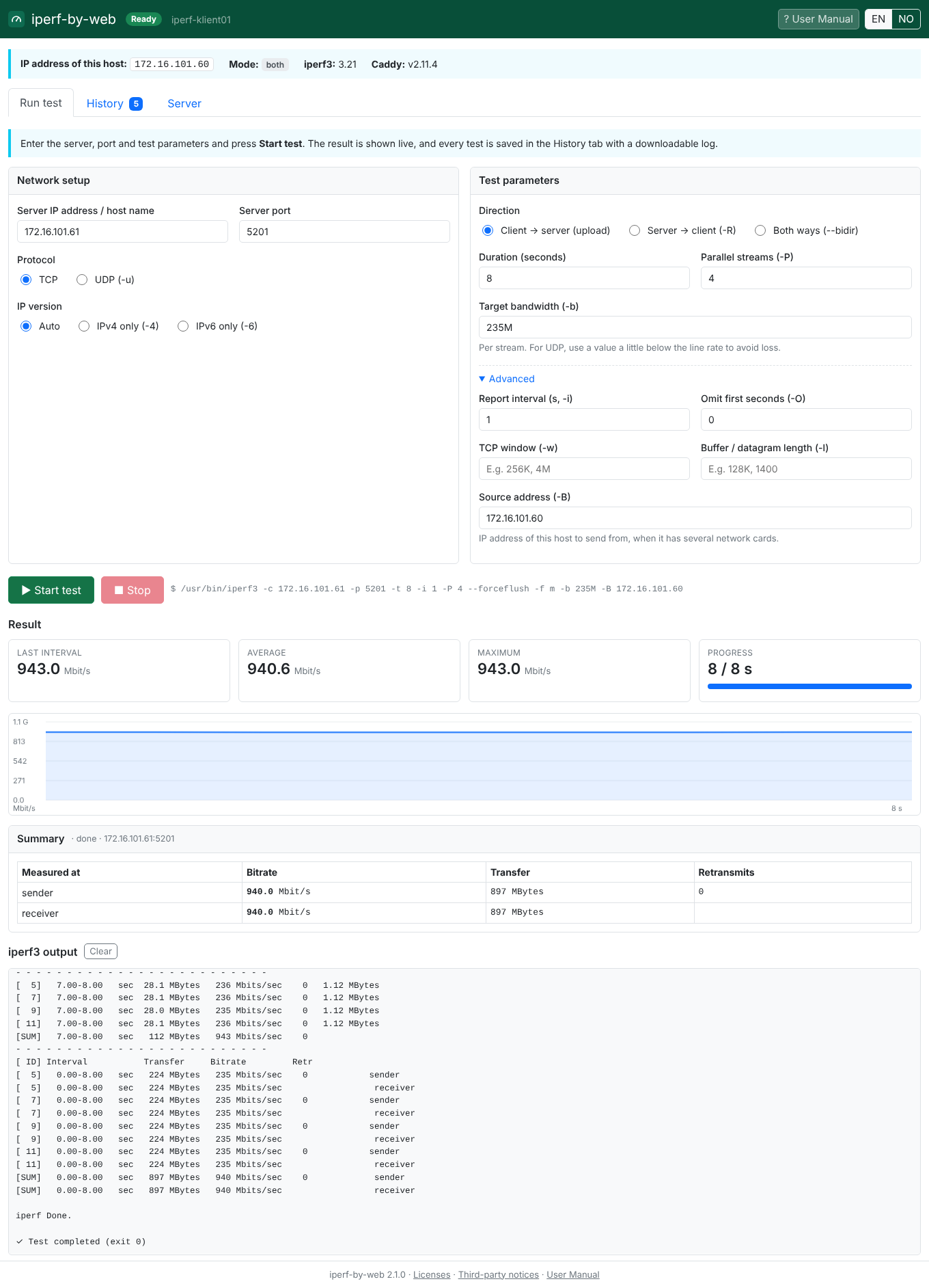 Screenshot. Client: the Run test tab