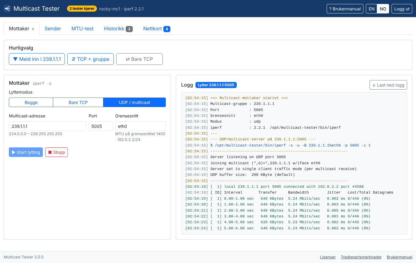 Fanen Mottaker med lyttemodus UDP / multicast, gruppe 239.1.1.1, port 5005, nettkort eth0 og en logg med én linje per sekund og 0 prosent tap