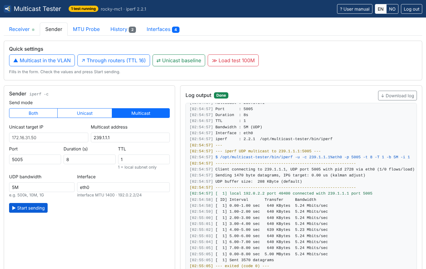 The Sender tab with send mode Multicast, group 239.1.1.1, duration 8 seconds, TTL 1, bandwidth 5M and the iperf log