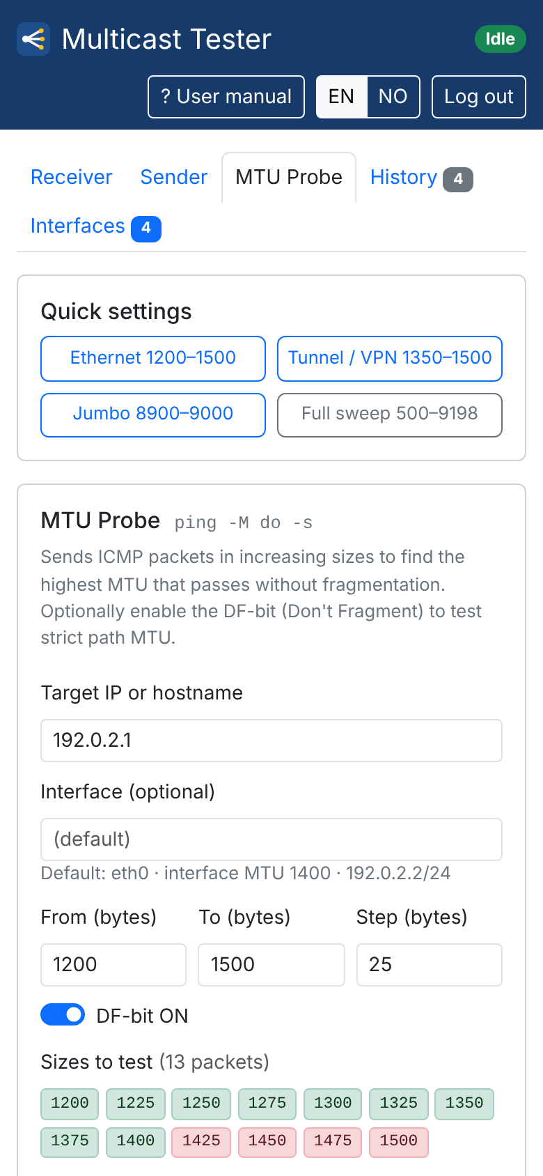 Screenshot. MTU Probe on a phone