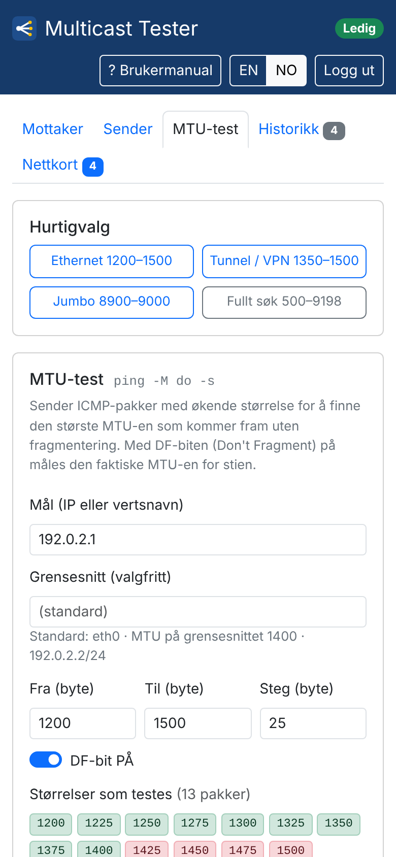 Skjermbilde. MTU-test på mobil