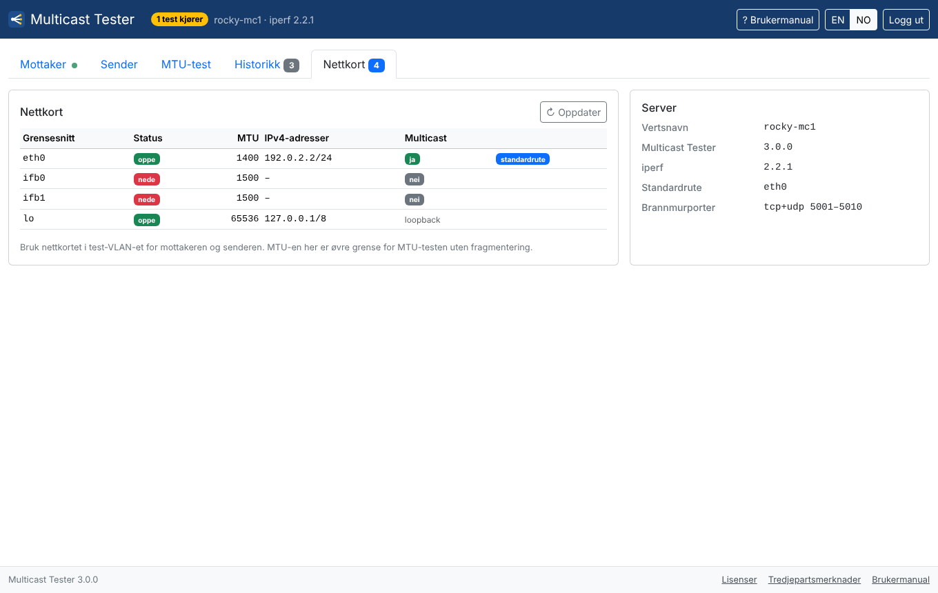 Skjermbilde. Fanen Nettkort med status, MTU, IPv4-adresser, multicast og standardrute