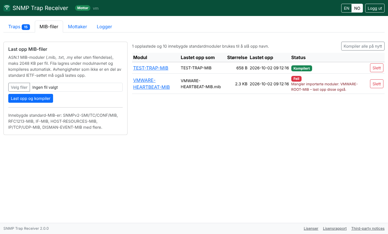 Skjermbilde. Receiver: MIB-filer med status per modul