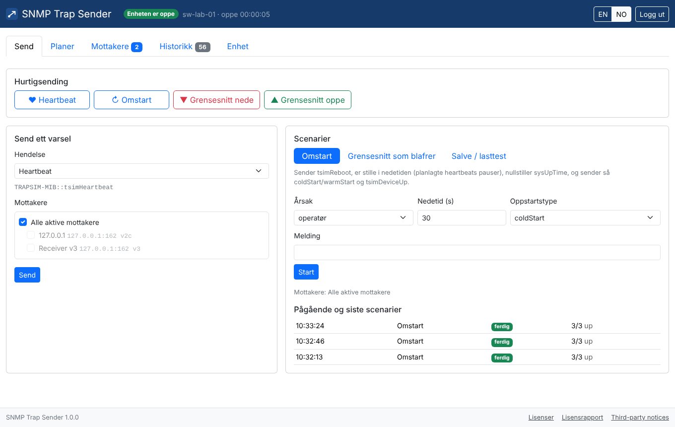 Send-fanen i SNMP Trap Sender med knapper for heartbeat, omstart og grensesnitt nede og oppe, et skjema for ett varsel og omstart-scenariet