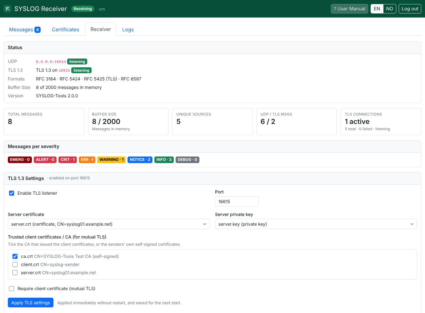 Screenshot. Receiver: status, statistics and TLS 1.3 settings