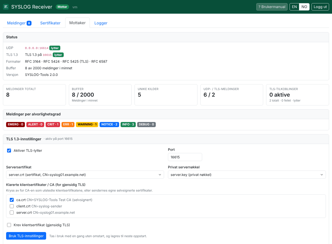 Skjermbilde. Receiver: status, statistikk og TLS 1.3-innstillinger