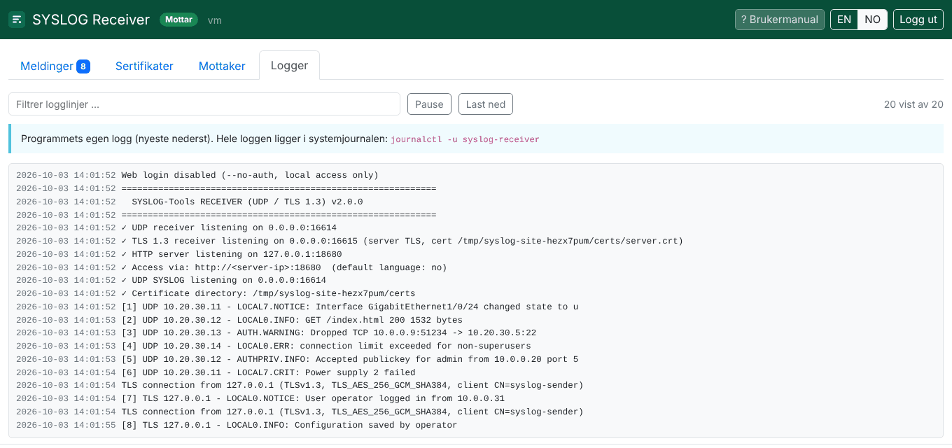 Skjermbilde. Receiver: programloggen