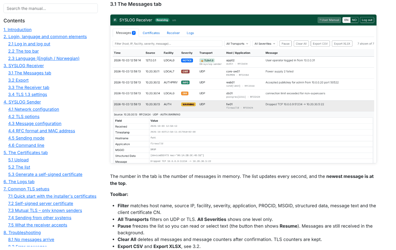 Screenshot. Receiver: the user manual in the GUI