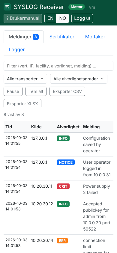 Skjermbilde. Receiver: på mobil