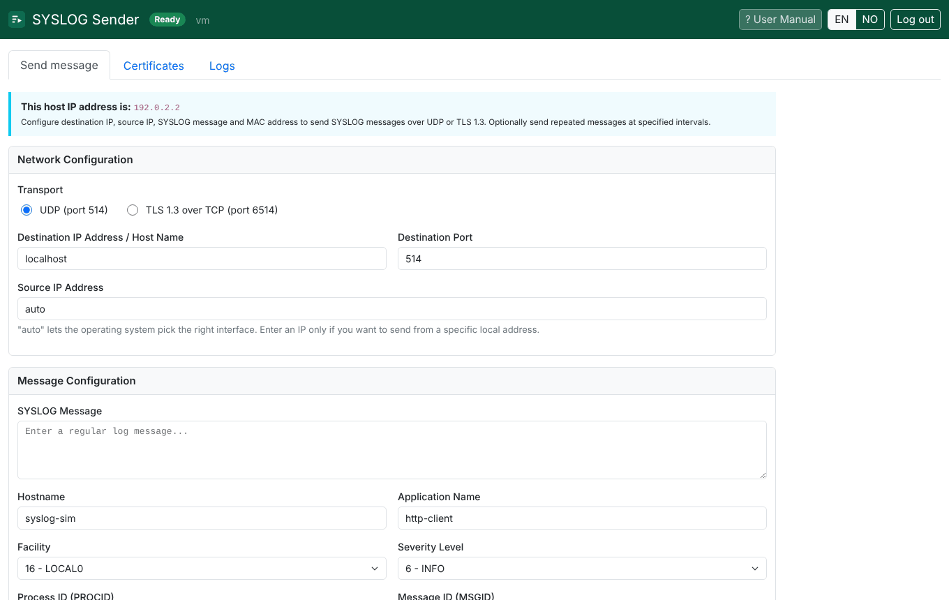 The Send Message tab in SYSLOG Sender with network settings, message settings, RFC format and sending mode