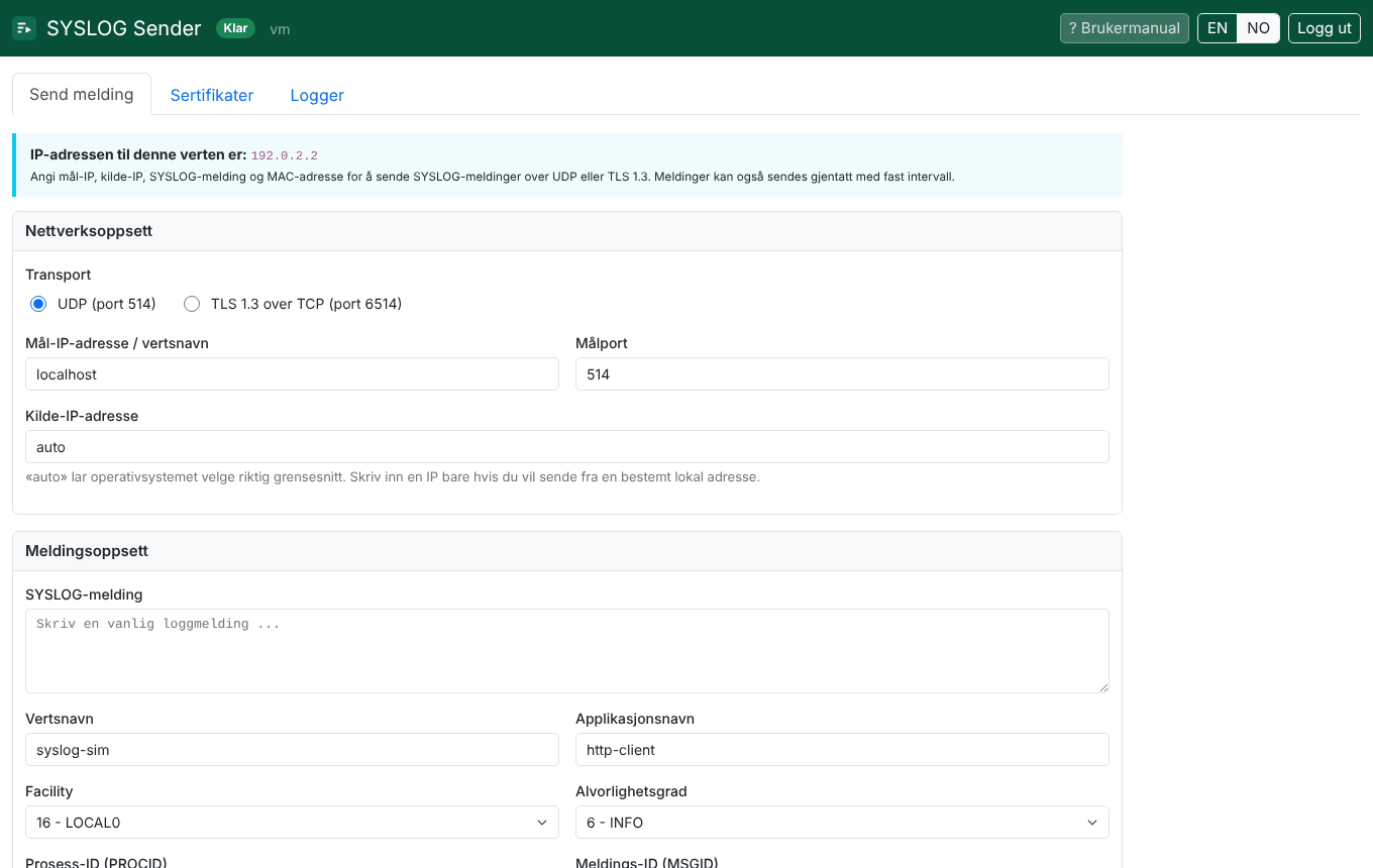 Fanen Send melding i SYSLOG Sender med nettverksoppsett, meldingsoppsett, RFC-format og sendemodus