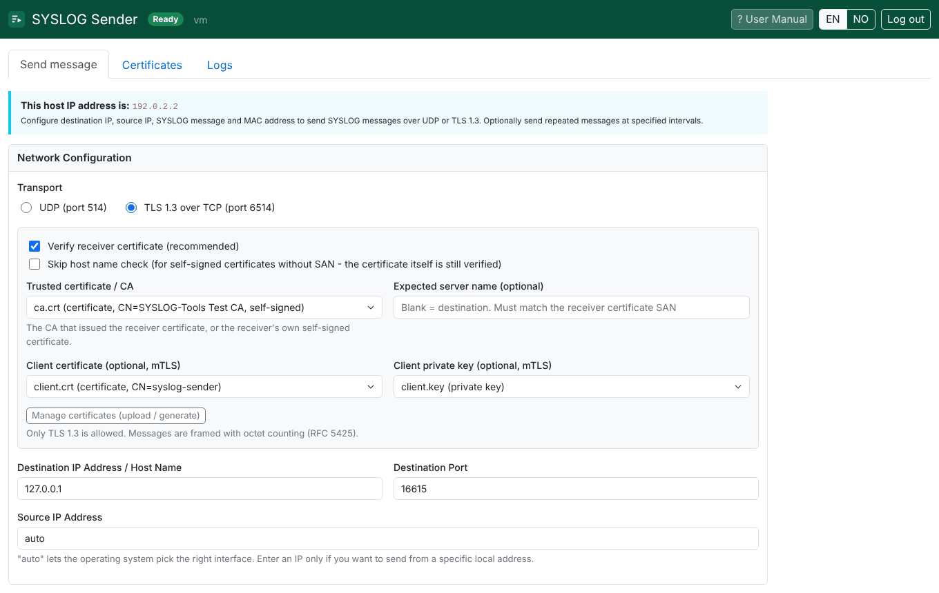 Screenshot. Sender: TLS 1.3 with a client certificate