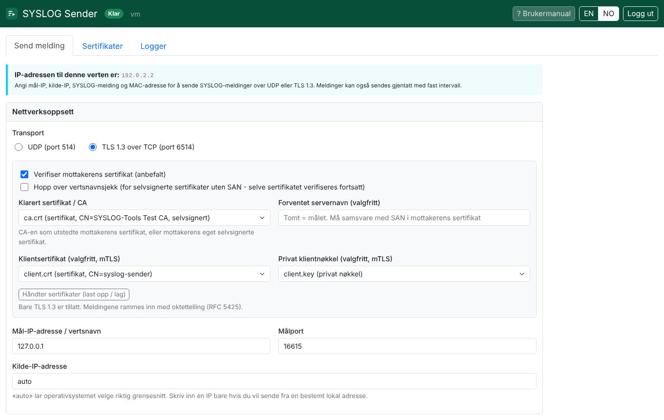 Skjermbilde. Sender: TLS 1.3 med klientsertifikat