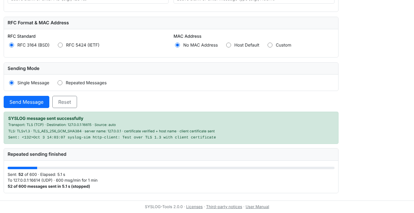 Screenshot. Sender: the result of a message over TLS 1.3