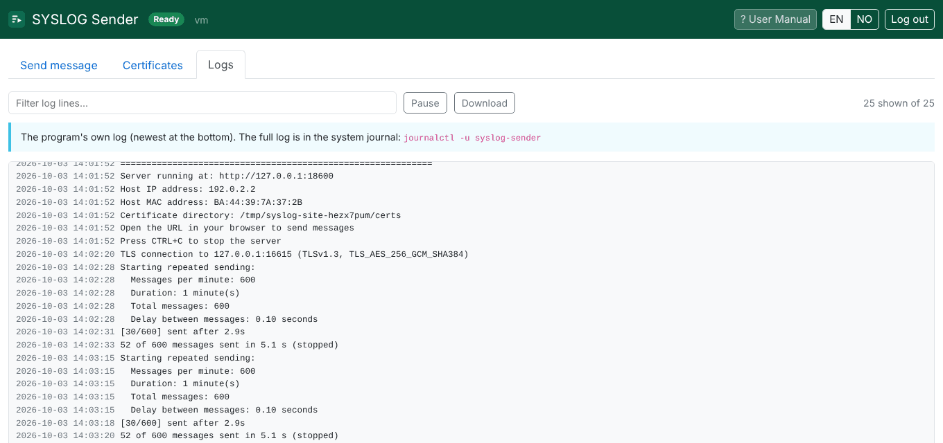 Screenshot. Sender: the program log